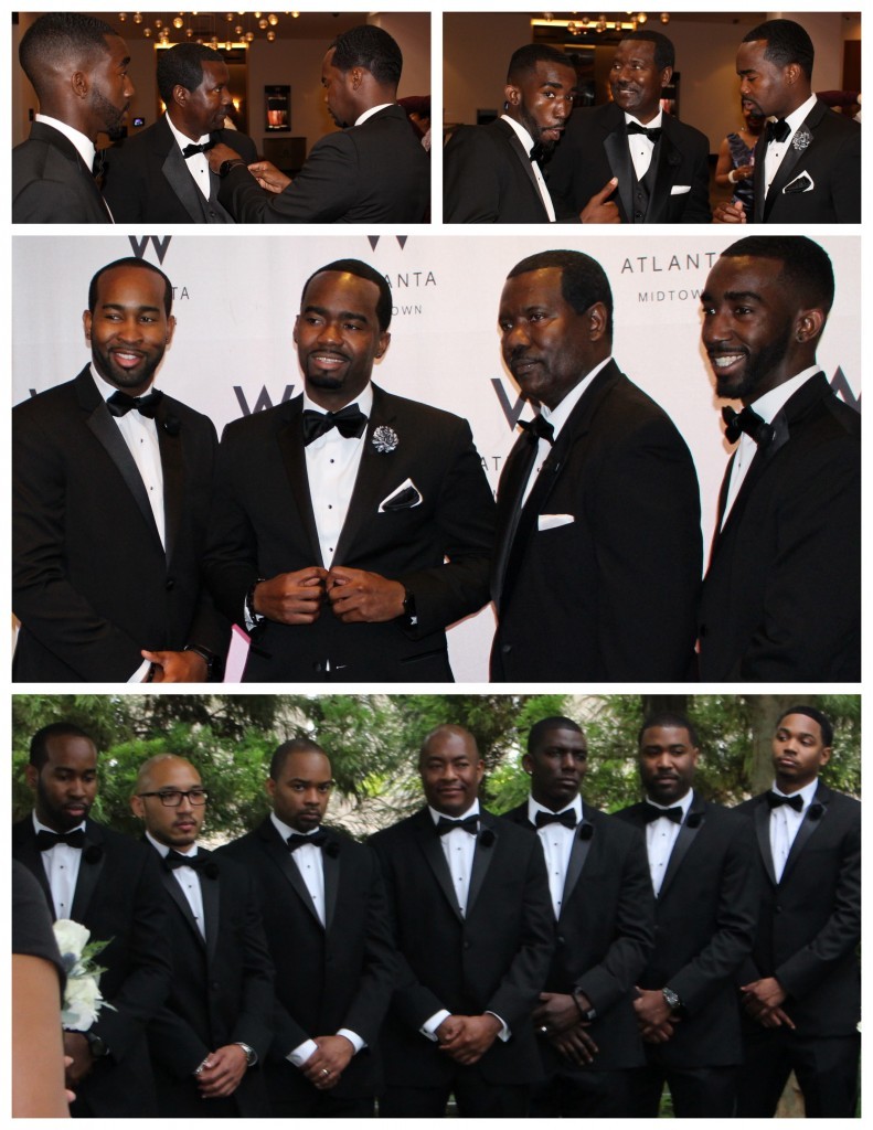 Dem boys clean! These lapel pins are definitely a nice pop to the classic black tuxedos.